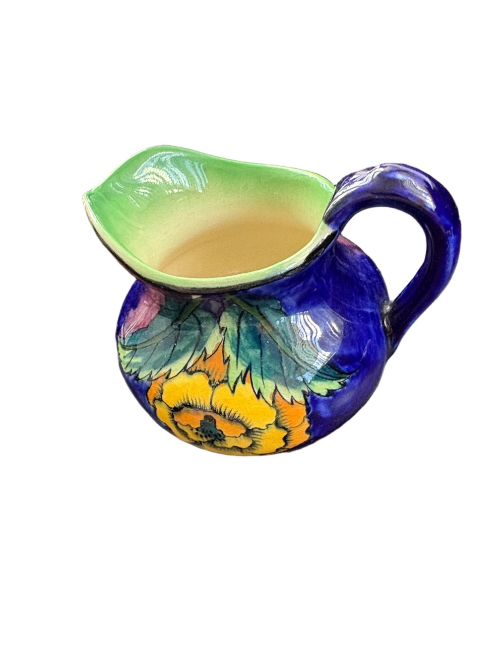 Vintage Hand -Painted Blue Floral Ceramic creamer Jug with Green Rim